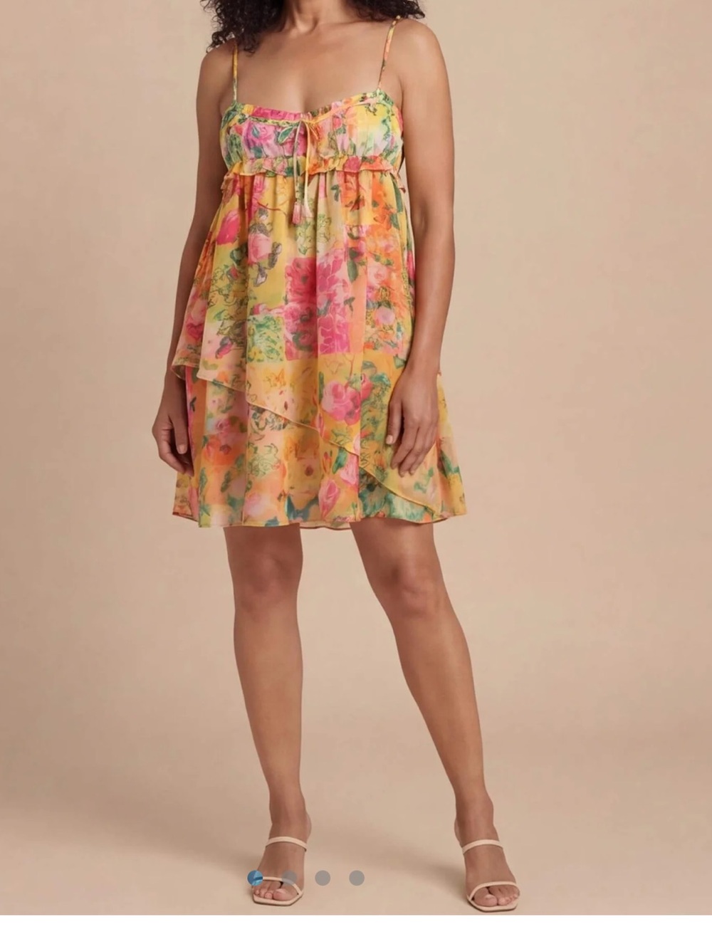 Love For Bell Floral Yellow & Pink Spaghetti-Strap Babydoll Mini Dress
